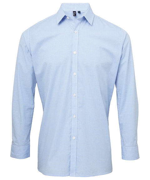 Mens Gingham Microcheck Long Sleeve Shirt - Light Blue/White