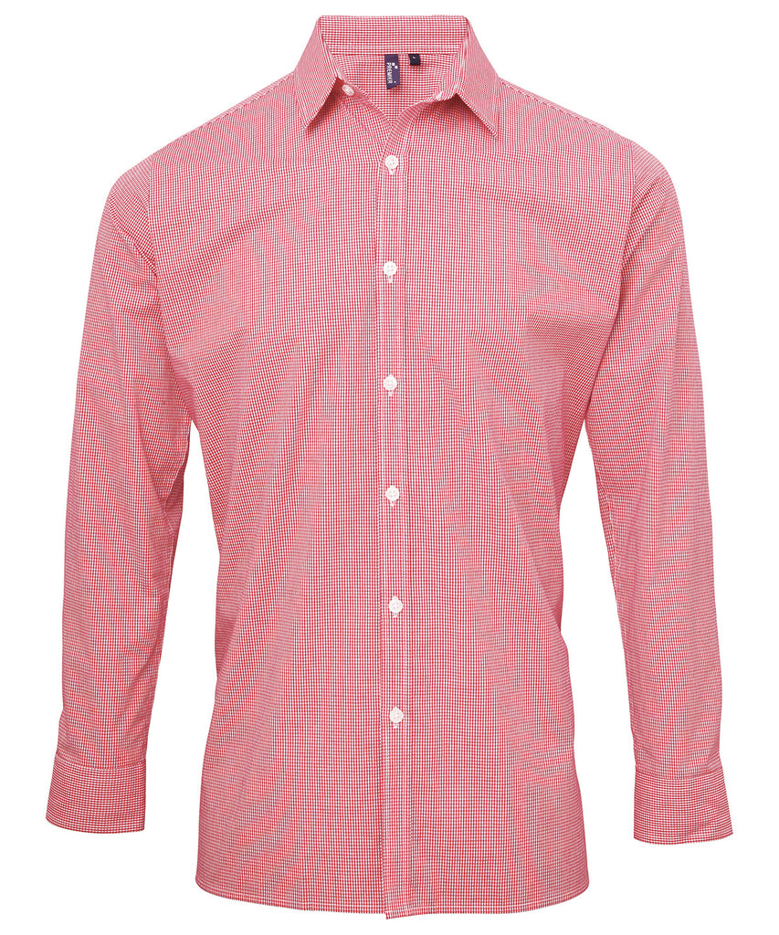 Mens Gingham Microcheck Long Sleeve Shirt - Red/White