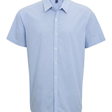 Mens Gingham Microcheck Short Sleeve Shirt - Light Blue/White