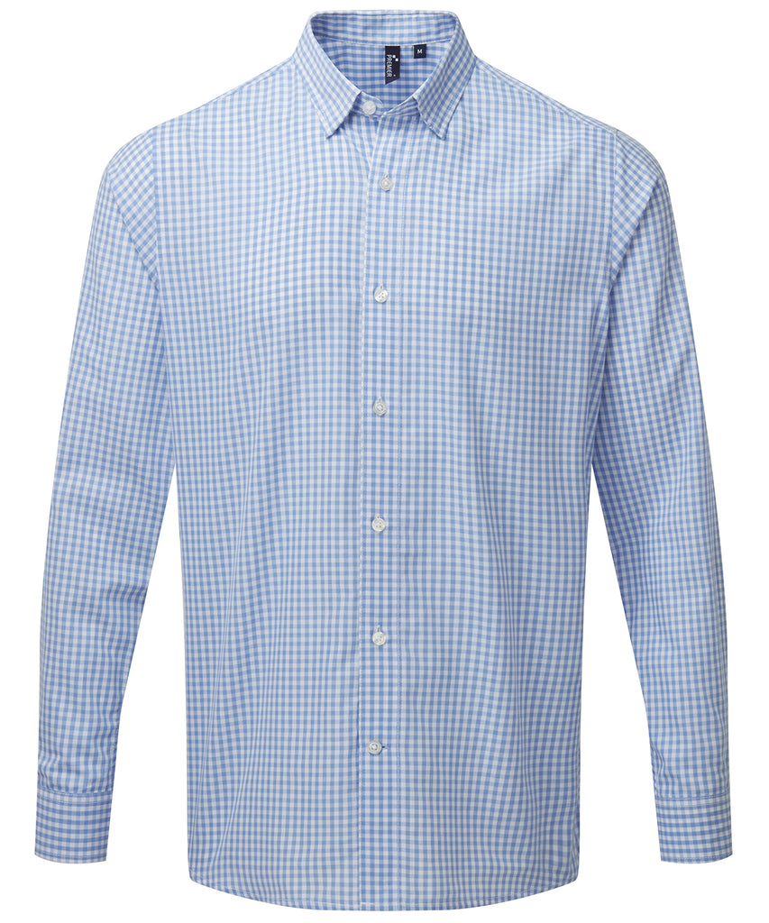 Mens Gingham Check Long Sleeve Shirt - Light Blue/White