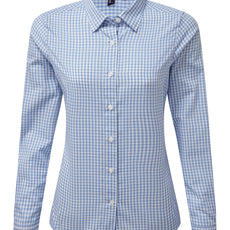 Womens Gingham Check Long Sleeve Shirt - Light Blue/White