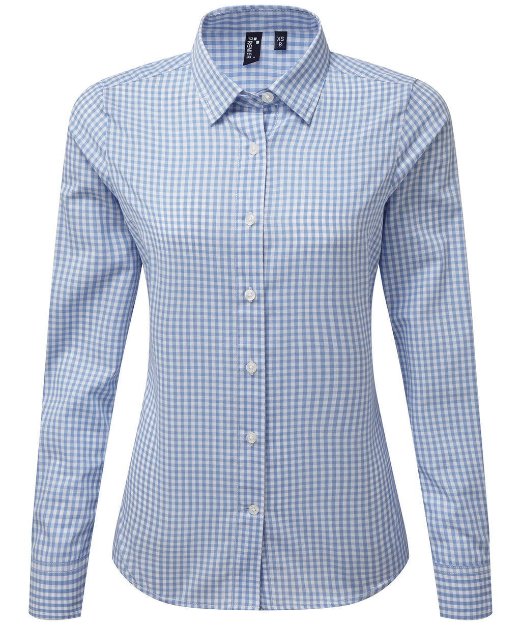 Womens Gingham Check Long Sleeve Shirt - Light Blue/White