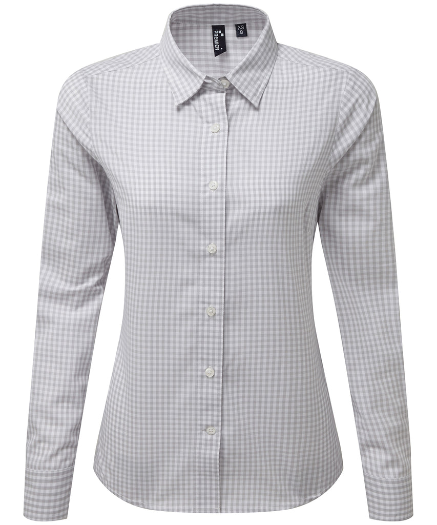 Womens Gingham Check Long Sleeve Shirt - Silver/White